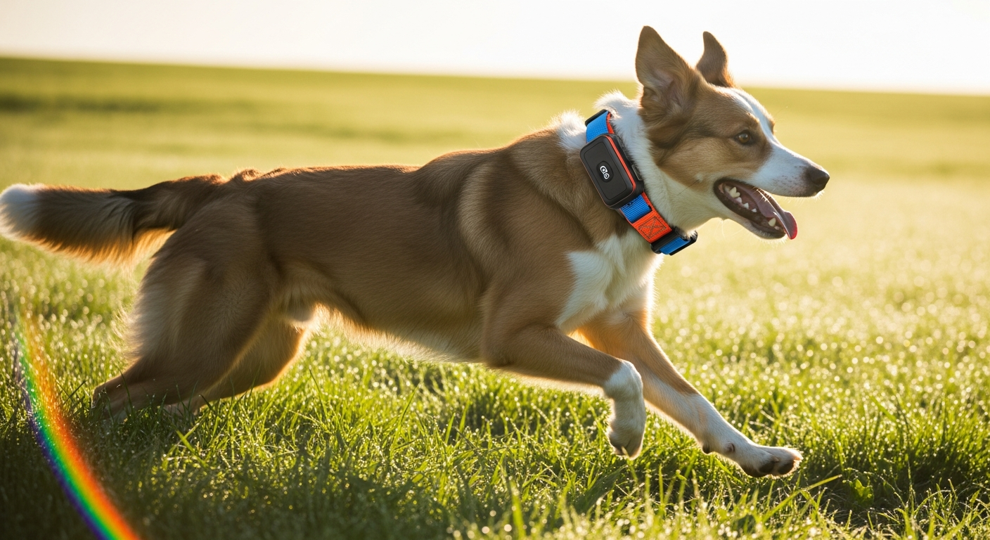 Active dog wearing GPS tracking collar running in a field